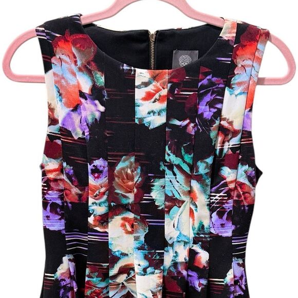 Vince Camuto Black Multi Sleeveless Printed Pleated A-Line Dress Lined 16 - Picture 6 of 12